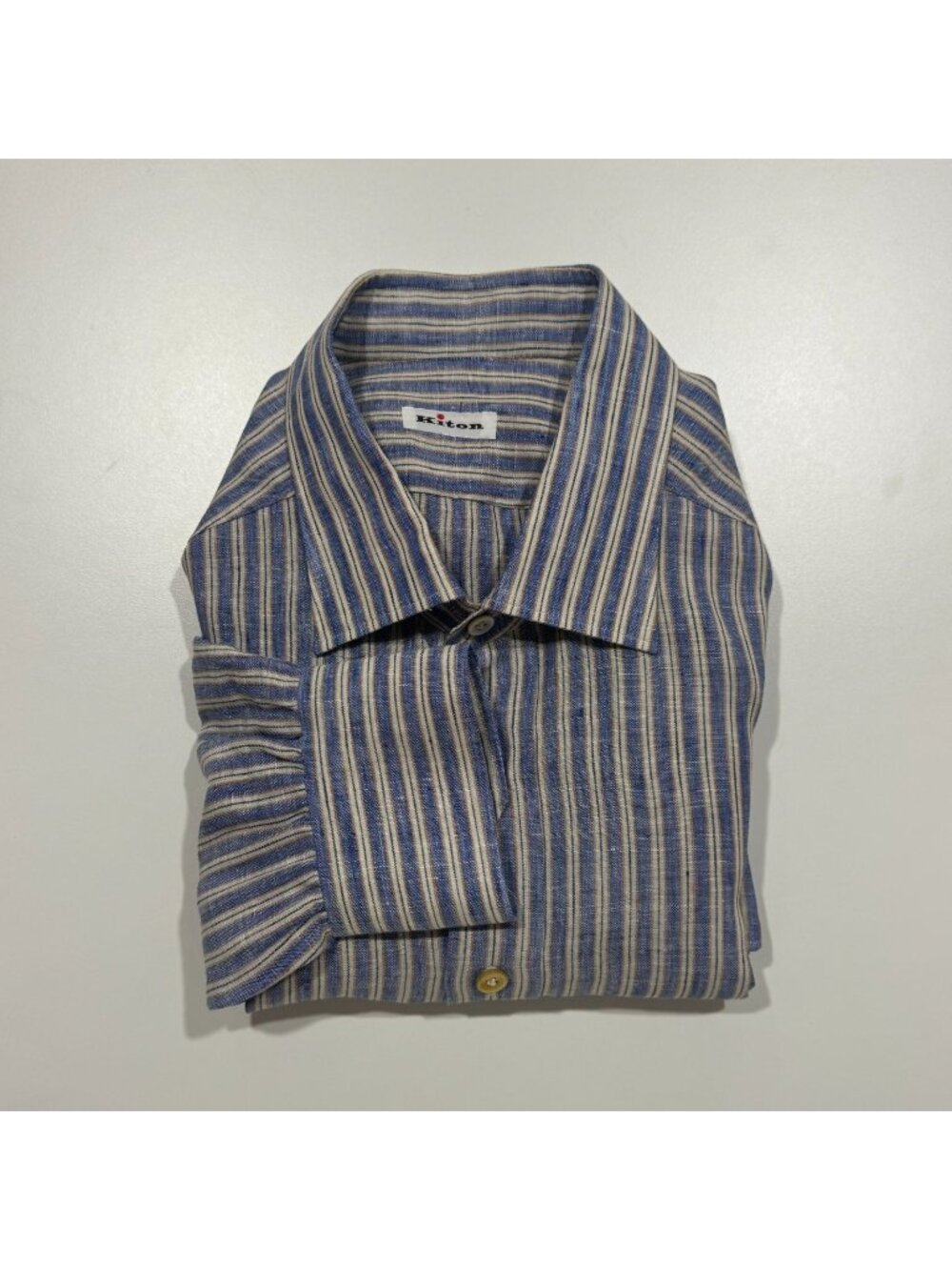 Kiton Mens 100% Linen Long Sleeve Dress Shirt Size 16/41 Blue White Stripe